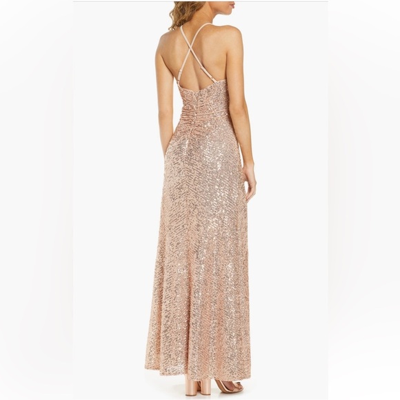 Morgan & Co. Cowl Neck Sequin Crossback Body-Con Gown Gold Dress Sz Jr 9 (6) - Picture 2 of 16